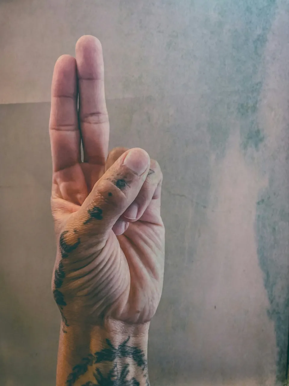 A hand held in a mudra against a weathered concrete wall